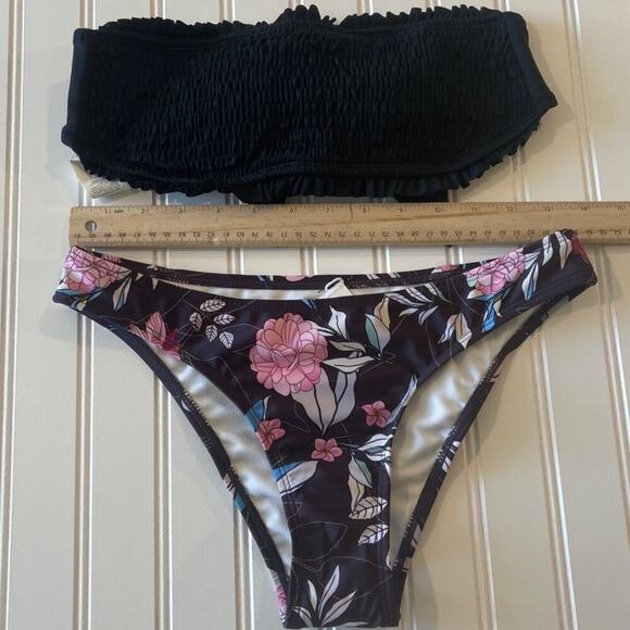 Cupshe Bikini NWT Women S Black Strapless Ruffle Top Floral High Waist Bottoms - Picture 3 of 8